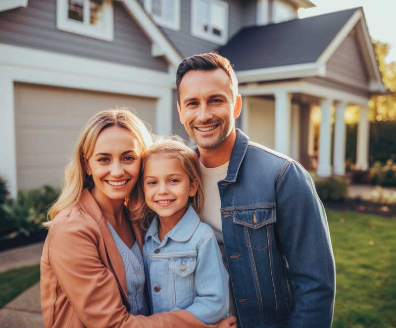 UtilityShield Family, young child with two parents in front of a suburban home