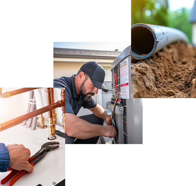 Line Protections from UtilityShield, three images showing a wrench and pipes, a contractor fixing an HVAC unit, a pipe about to be put underground in a residential lot