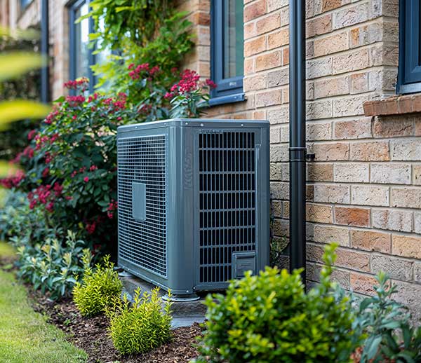 UtilityShield HVAC Protection, air conditioner outside of a brick home with beautiful landscaping